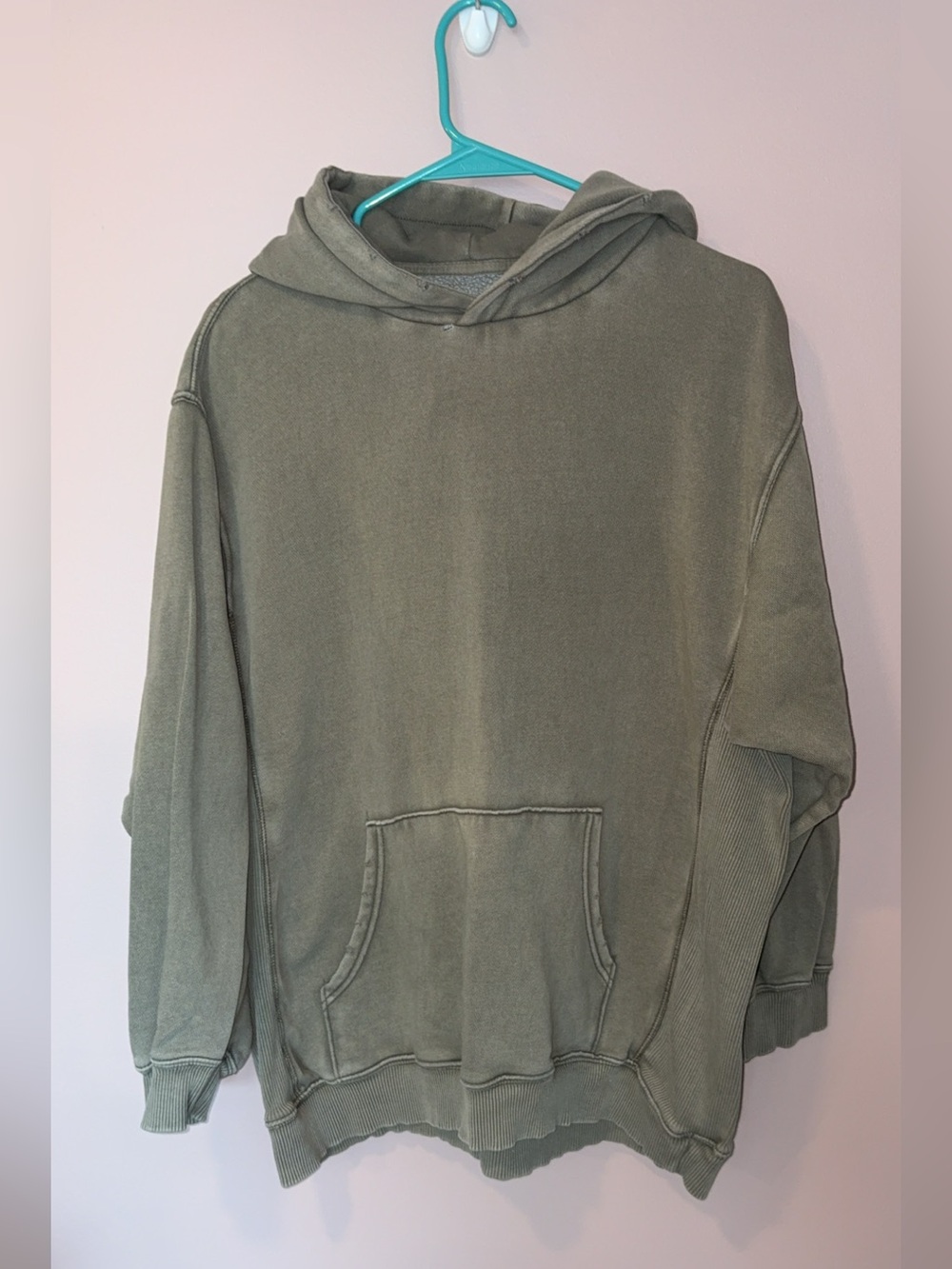 American Eagle Aerie Oversized Distressed Hoodie Pullover Washed Green Sweater